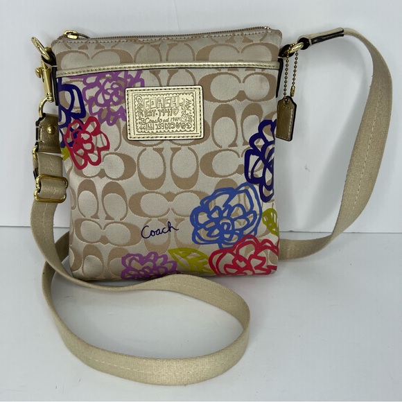 Coach Poppy Graffiti Signature Logo Textile Tan/Gold Crossbody Small Bag - Picture 2 of 10
